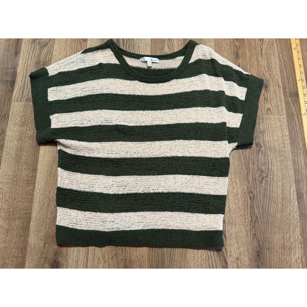 WD NY Shirt, Women's Size XL, Green Tan, Striped, Short Sleeve Shirt